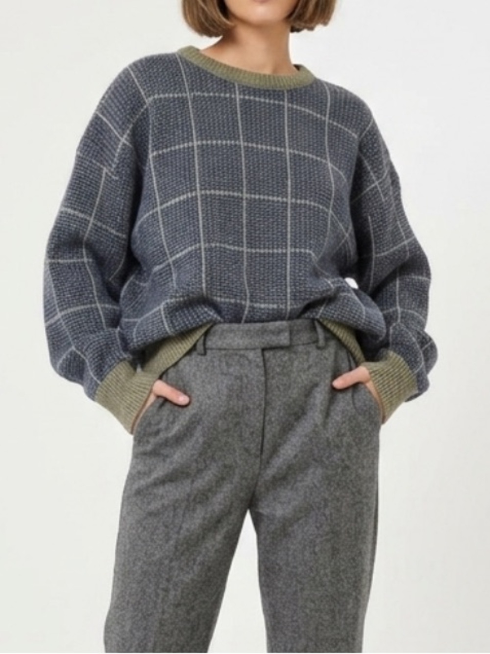FIELDMASTER SPORTSWEAR Vintage 70’s Windowpane Plaid Wool Blend Sweater Large